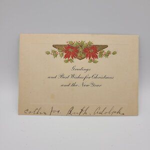 Vintage Christmas Card Esther Ruth Adolph Handwritten Poinsettia Holly 5x3 Inch